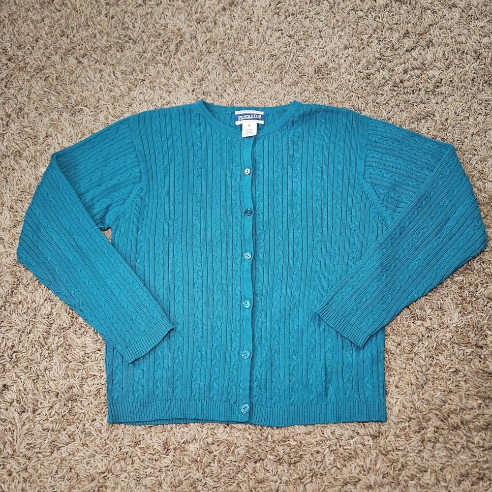 Vintage Pendleton Cardigan Sweater‎ Womens Size S Petite Teal Cotton Knit Button